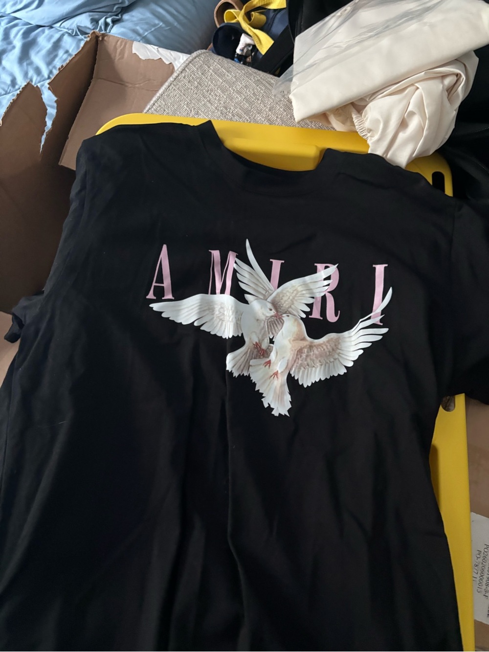 AMIRI Black Short Sleeve Tee with White Dove and Pink Logo